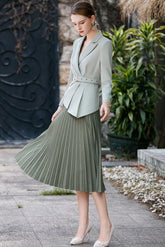 Olive Elegance Pleated Skirt and Belted Blazer Set
